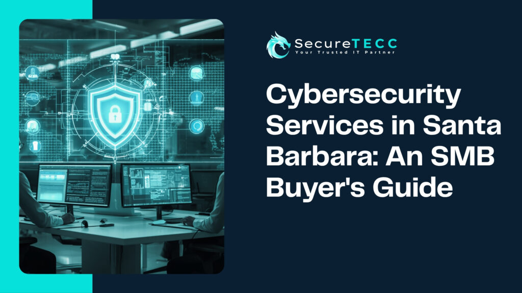 SecureTECC blog banner showing two IT analysts monitoring cybersecurity dashboards with a shield icon overlay.